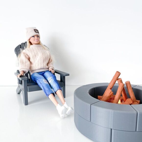 4 Charcoal Miniature Adirondack Chairs Round Firepit W/Flickering Logs 1:6 Scale - Picture 2 of 9